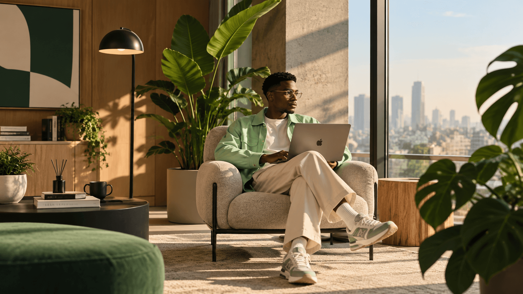 A professional using a laptop in a bright modern workspace